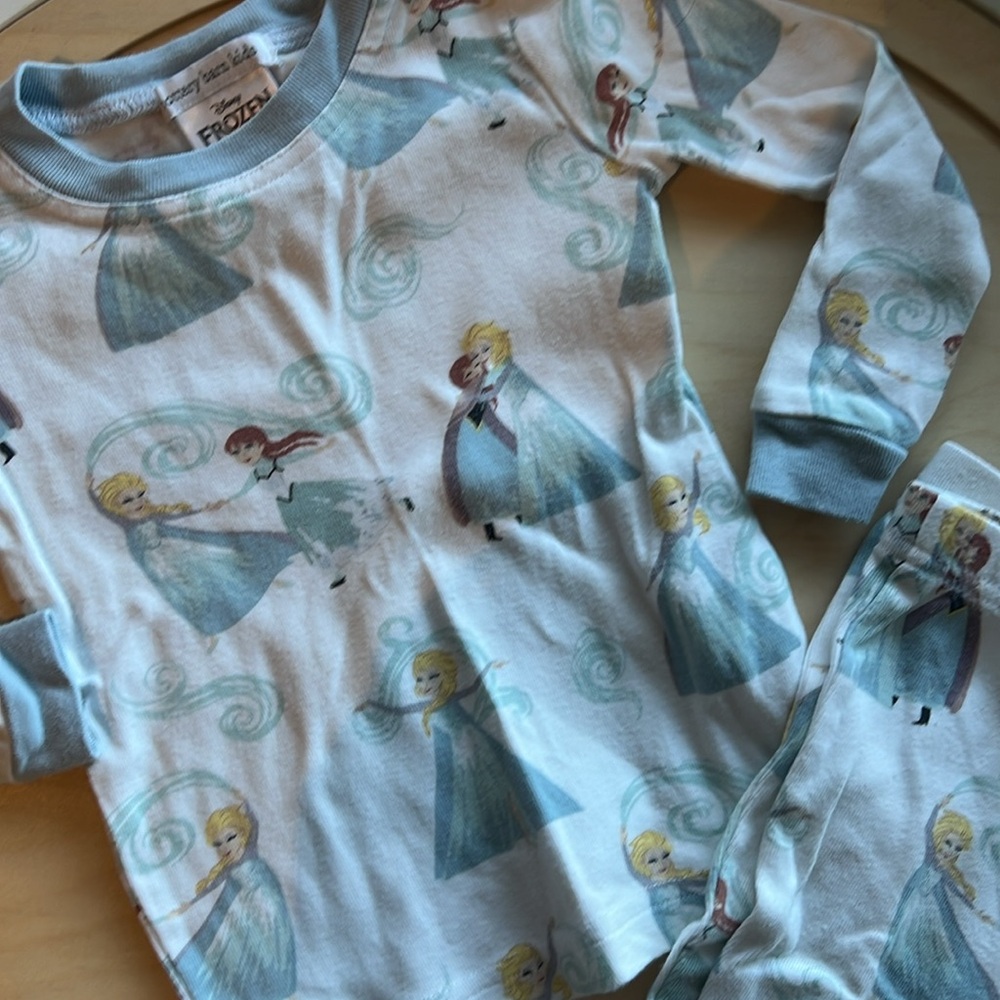 Pottery Barn Kids White and Light Blue Frozen Print Pajama Set - Picture 2 of 3